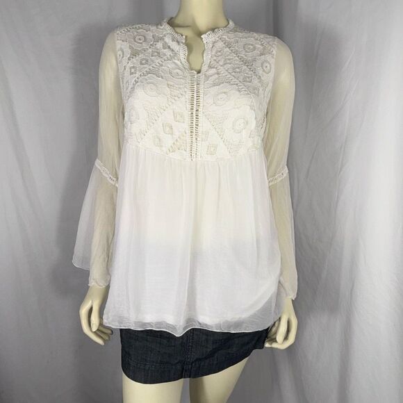 Made in Italy 100% Silk Lace Boho Blouse Sheer Bell Sleeve Peasant Top Romantic - Picture 1 of 15